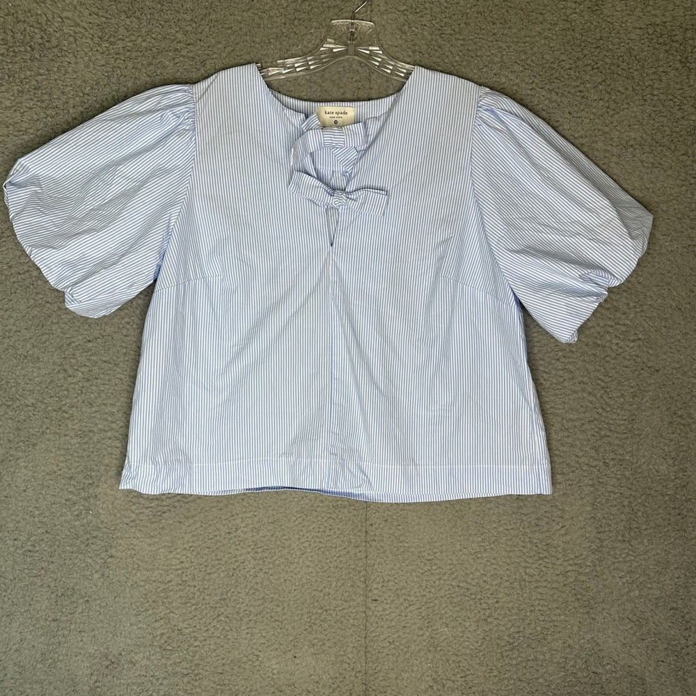 Kate Spade Blue White Striped Puff Sleeve Bow Neck Blouse Top Medium